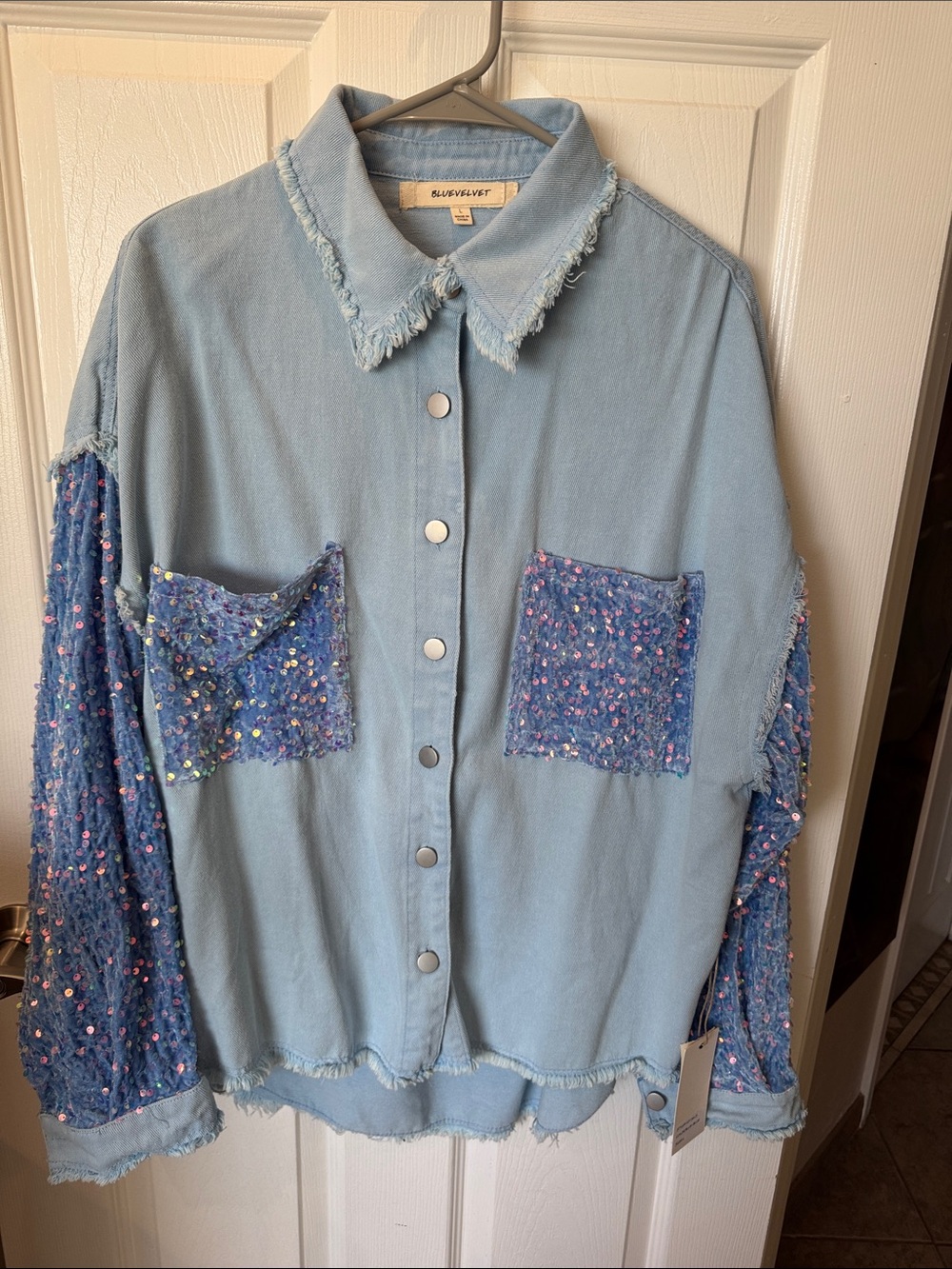 Blue Velvet Light Blue Denim Jean Jacket with Sequin sleeves and Pocket Accents
